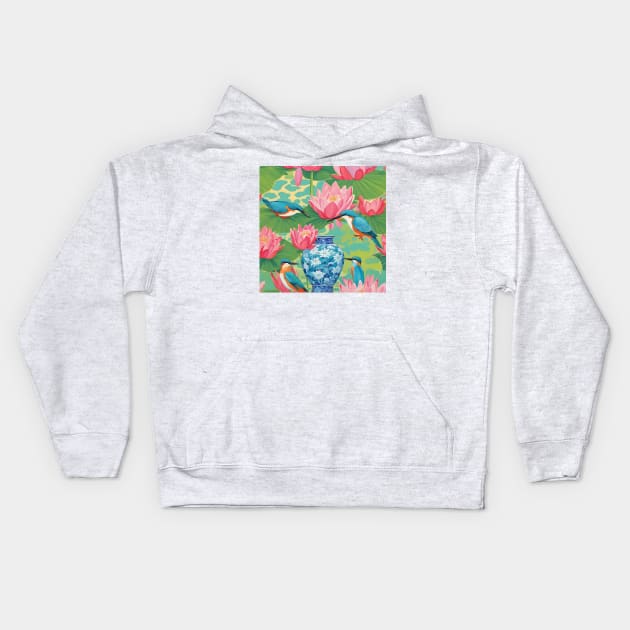 Kingfishers at the lily pond Kids Hoodie by SophieClimaArt